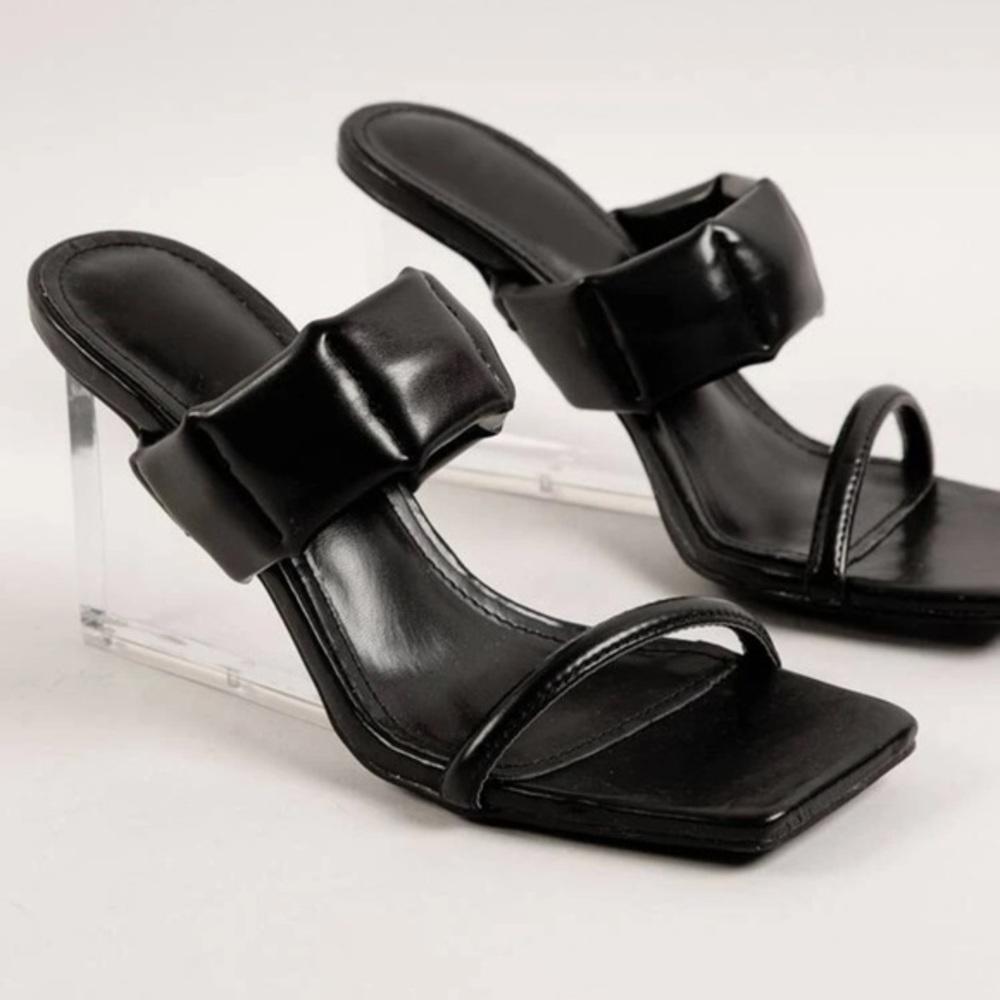 SHEIN Double Strap Square Toe See Through Wedge Sandals Black 7 New